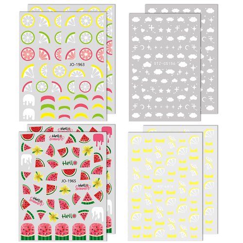 8 Sheets Summer Nail Art Stickers Decals Fruits Lemon Cotton Cloud Stars 3D Self -Adhesive Nail Decals Yellow French Tip Watermelon Design Manicure Decoration for Women Girls