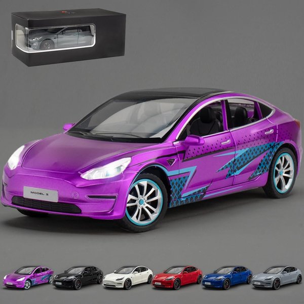 Addcean 1:24 Scale Toy Cars Compatible for Model 3, Metal Die-Casting Model Cars with Light/Sound Pull Back Car Toys for Boys Girls 3+ Year Old Kids Birthday Gift (1:24 Model 3-Purple)