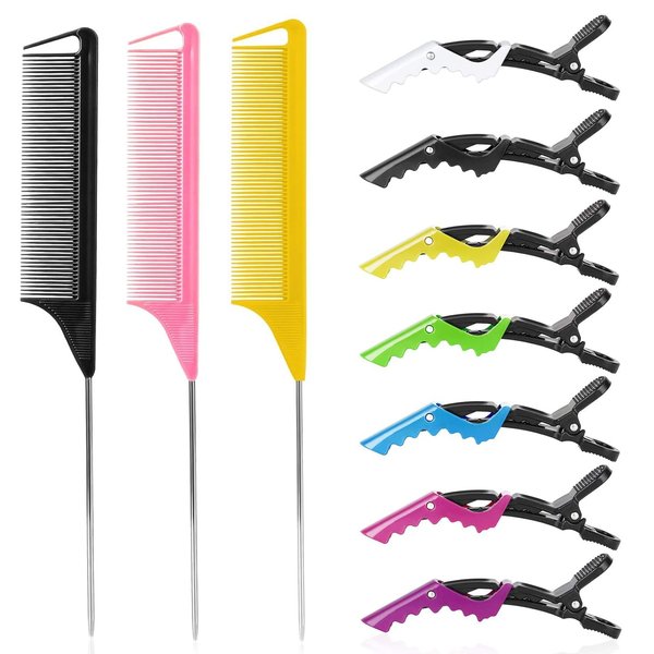 10Packs Rat Tail Combs Hair Clips Set，3Pcs Rat Tail Comb and 7Pcs Alligator Styling Sectioning Clips of Professional Hair Salon Quality(Black/Pink/Yellow)