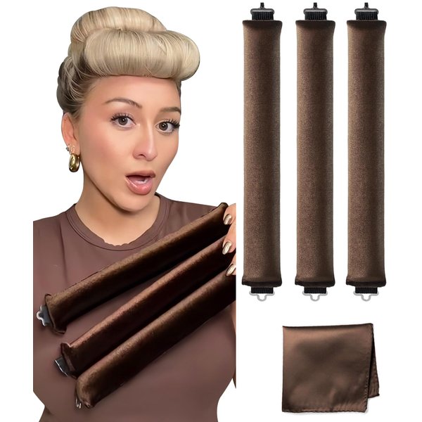 YOSHUYUKI Little Velvet Overnight Blowout 3 Rods Heatless Hair Curler to Sleep in Satin Heatless Curls No Heat Hair Rollers for Short Hair Blowout Look Long Hair Styling Tools Brown