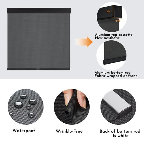 Persilux Free-Stop Cordless Solar Blinds for Window Shades Light Filtering Roller Shades (27" W x 88" H) UV Protection Flame Retardant 5% Openness Sheer Shades for Windows Patio Easy to Install Black