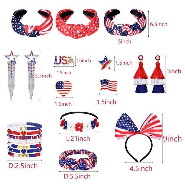 ARATLENCH American Flag 4th of July Knotted Headband Bow Head Band Headpieces USA Star Tassel Earrings Red White Blue Flower Choker Bracelets Fourth of July Patriotic Broches Jewelry Accessories Gift