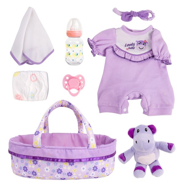 Aori 8 Pcs Reborn Baby Dolls Clothes with Bassinet for 16-18 Inch Baby Doll, Purple Carrier Bed and Baby Doll Clothes Accessories fit Newborn Girl Doll