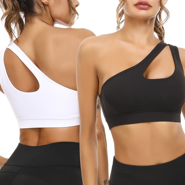 Sykooria Women's Removable Padded One Shoulder Sports Bra Yoga Tank Tops Activewear 2 Pack