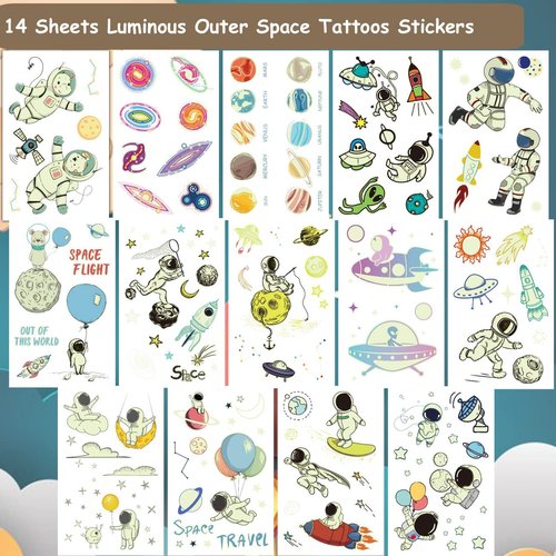 CHARLENT Luminous Outer Space Tattoos for Kids - 14 Sheets Glow in The Dark Astronaut Spaceship Planet Temporary Tattoos for Boys Girls Birthday Party Favors Goodie Bag Fillers