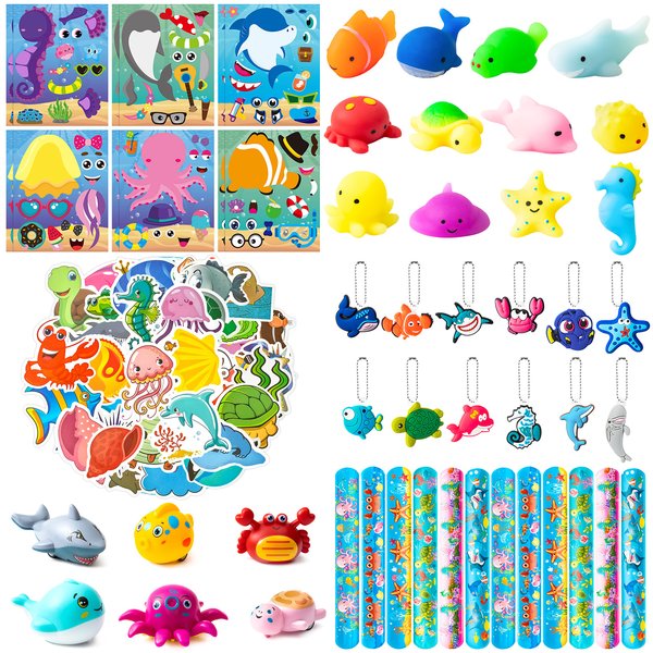 ANGOLIO Ocean Sea Animals Party Favor - 114Pcs Ocean Aniamls Toys Include Sea Animals Keychains Stickers Bracelet Cute Make A Face Stickers for Kids Ocean Themed Birthday Party Classroom Rewards