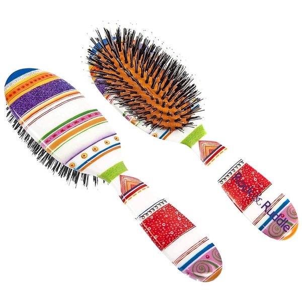 Rock & Ruddle Natural Mixed Boar Bristle Hair Brush for Women and Kids (Small 6.9") - Perfect for Wet or Dry Hair, Detangling Smoothing Blowdrying - Designed & Made in UK - Folio Society Stripe Design