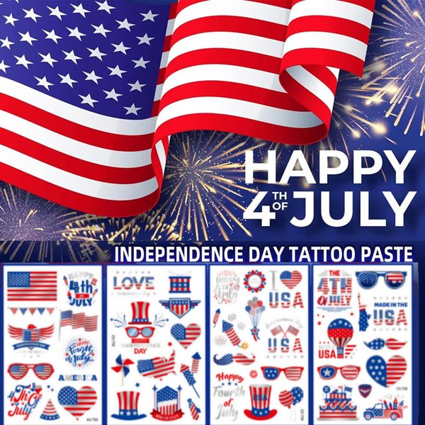 USA Temporary Tattoos, 4th of July Temporary Tattoos, American Flag Tattoos Red White and Blue Fake Tattoo Stickers, Independence Day Party Decorations and USA Party Favors, 8 Sheets