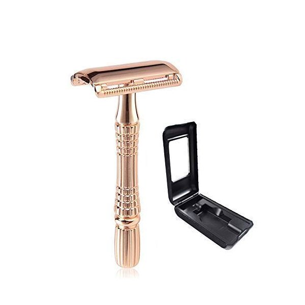 Rose Gold Safety Razor with Travel Case Sicastar® Double Edge Razor (Includes 5 Reusable Razor Blades), Men's Shaving Safety Razor for Women and Men Texture Handle for Comfortable Grip