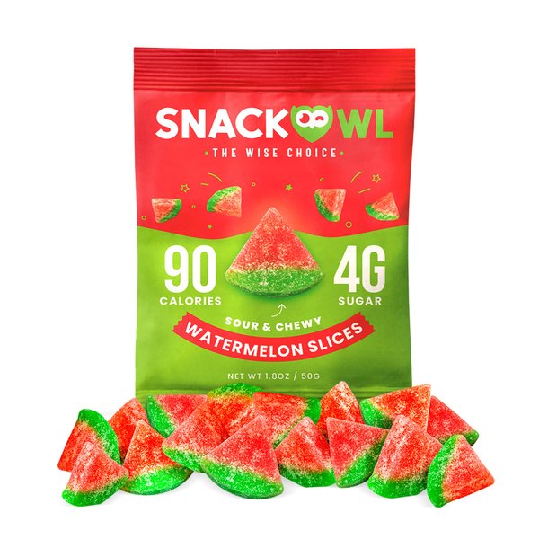 Snack Owl Vegan Sour Gummy Candy – Gluten Free, Low Calorie Candy - Guilt Free & Delicious Healthy Gummy Snacks - (Watermelon Slices)