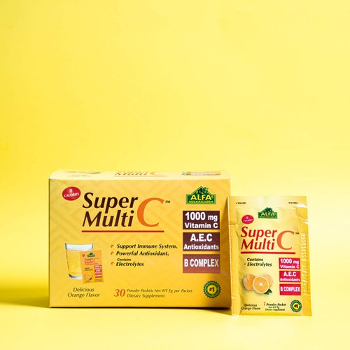 ALFA VITAMINS Super Multi C, Vitamin C Powder and Multivitamin Supplement Premium Quality Source of Nutrients, Minerals, Antioxidants & Electrolytes - 30 Packets