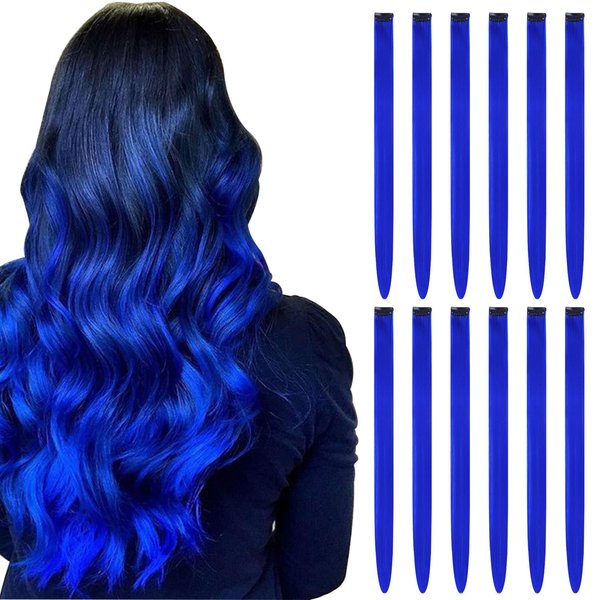 BUMMSEVEN 12 Pcs Blue Hair Extensions Clip in Hairpiece Accessories, 22 Inch Long Streak Straight Ins Heat Resistant Colored Synthetic, Using for Halloween Costume Party Play Highlights