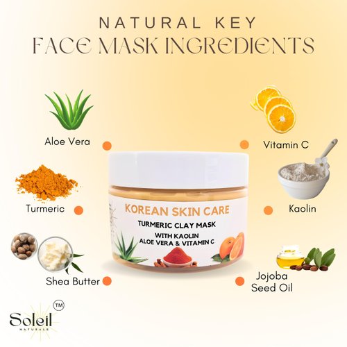 Korean Skin Care - Organic Turmeric Clay Mask Kit with Kaolin, Aloe Vera, Vitamin C, Shea Butter, Cruelty Free - Wooden Brush, Soft Cleansing Pad Cosmetic Remover