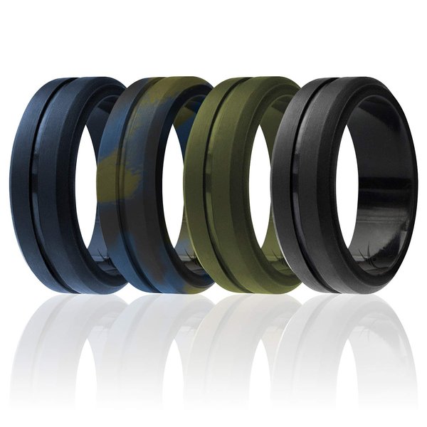 ROQ Silicone Rubber Wedding Ring for Men, Men's Wedding Band, Breathable Rubber Engagement Band, 8mm Wide 2mm Thick, Engraved Middle Line, 4 Pack, Black, Dark Green, Dark Blue, Olive Blue Camo, Size 8