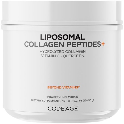 Codeage Liposomal Collagen Peptides Powder + Vitamin C & Quercetin Phytosome, Phospholipid Complex, Grass-Fed Pasture-Raised Hydrolyzed Collagen Type I & III Supplement All-in-One, Non-GMO, 14.97 oz
