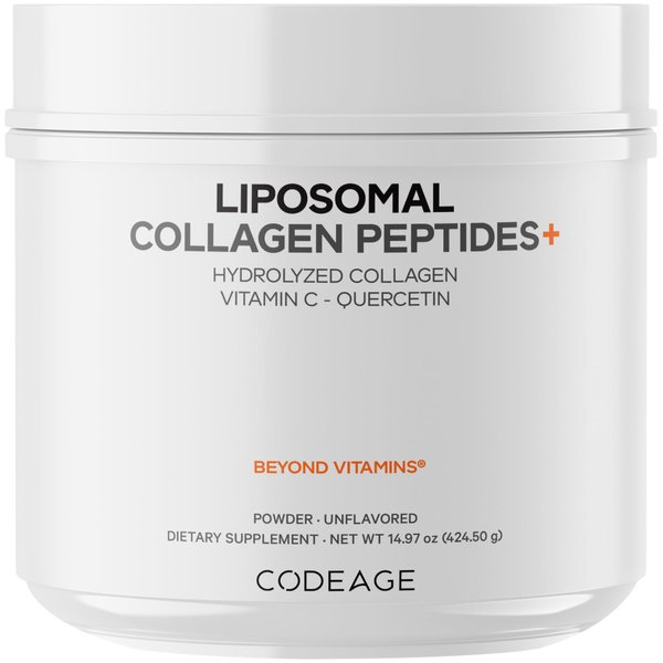 Codeage Liposomal Collagen Peptides Powder + Vitamin C & Quercetin Phytosome, Phospholipid Complex, Grass-Fed Pasture-Raised Hydrolyzed Collagen Type I & III Supplement All-in-One, Non-GMO, 14.97 oz