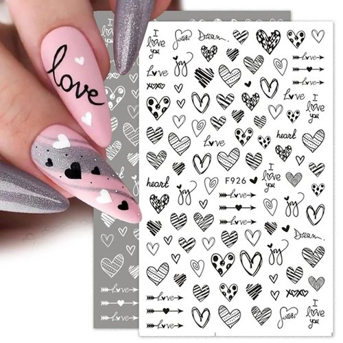 Heart Nail Stickers for Nail Art, Valentine's Day Nail Art Stickers 3D Self-Adhesive Black Love Heart Letter Valentines Sticker for Nails Art Decorations French Manicure Decals DIY Nail Art Supplies