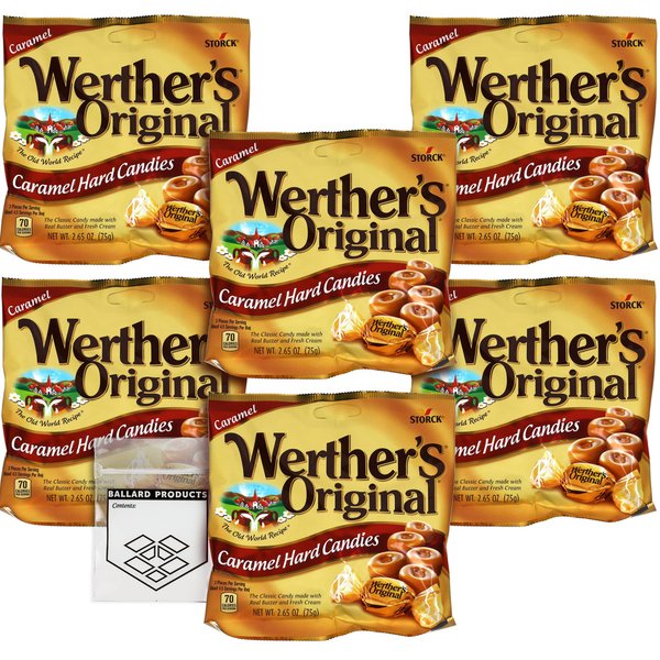 Werthers Original Caramel Hard Candy Pack of 6 Bags - 2.65 Ounce Bags - Individually Wrapped Caramel Hard Candy - Bundle with Ballard Products Resealable Pocket Bag