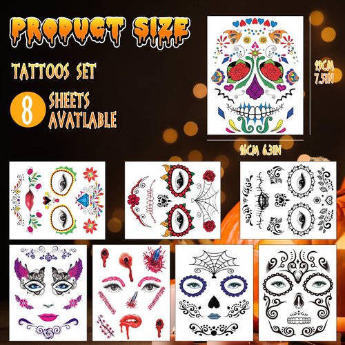 Day of the Dead Face Tattoos, 8 Sheets Halloween Temporary Tattoos, Adult Fake Skeleton Red Roses Full Face Halloween Tattoos Stickers, Women Men Makeup Kit for Dancing Party Favor Supplies