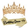 VELSCRUN Birthday Queen Tiara Crowns for Women Girls Gold Crystal Birthday Queen Headband Sash Elegant Princess Crown Happy Birthday Party Decorations Mom Sisters Birthday Gift Hair Accessories