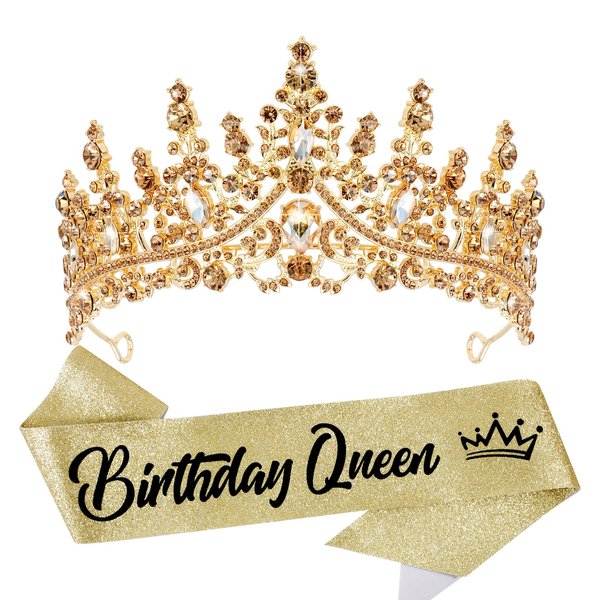 VELSCRUN Birthday Queen Tiara Crowns for Women Girls Gold Crystal Birthday Queen Headband Sash Elegant Princess Crown Happy Birthday Party Decorations Mom Sisters Birthday Gift Hair Accessories