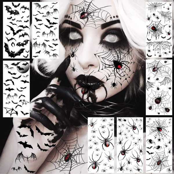 VANTATY 9 Sheets Halloween Spider Web Face Tattoo Stickers, Bat Half Arm Temporary Tattoo Sleeve For Women Men Adults Kids, Scary Spiderweb Witch Makeup for Halloween Face Tattoo, Fake Chucky Zombie Makeup Kit