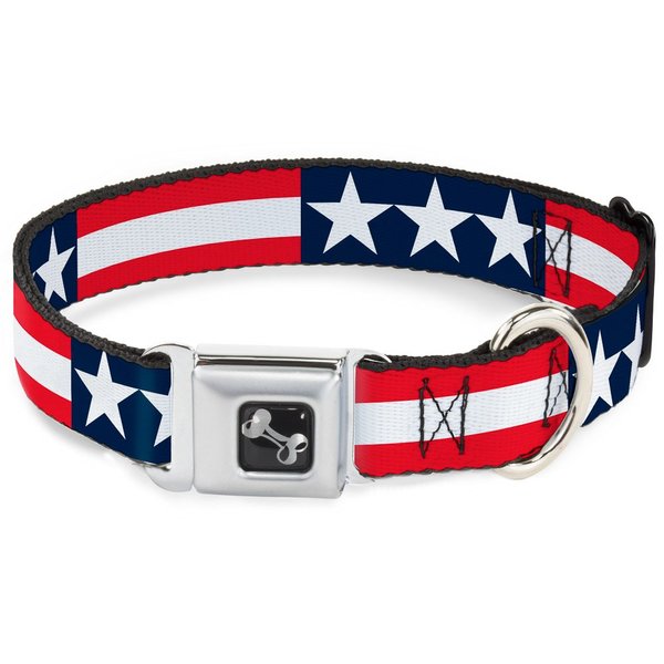 Dog Collar Seatbelt Buckle Stars Stripes Blue White Red White 9 to 15 Inches 1.0 Inch Wide