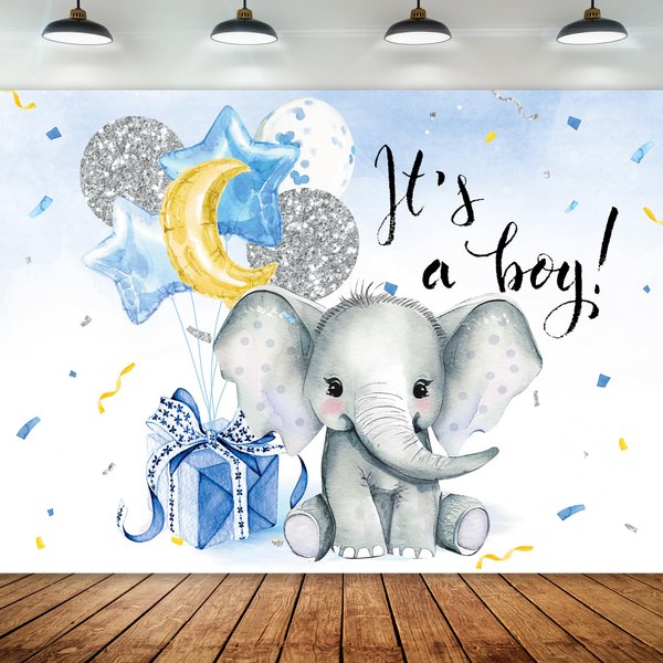 Newsely Boy Elephant Baby Shower Backdrop 7Wx5H Photography It's a Boy Blue and Silver Balloons Animal Background Star and Moon Party Decorations Banner Photo Booth Props Birthday Supplies