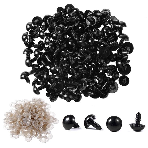 Vanblue Safety Eyes 260PCS 10mm Plastic Black Craft Eyes Teddy Bear Eyes with Washers for Amigurumi Stuffed Animals Crochet Toys Crafts Making Halloween Decorations
