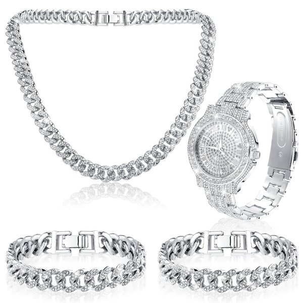 Huquary 4 Pcs Hip Hop Jewelry Set Cuban Link Chains Bling Rhinestone Watch for Man Artificial Diamond Necklace Bracelet Watch(Silver)