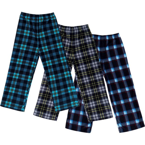 Mad Dog Concepts 3-Pack Boys Pajama Pants - Soft Micro Fleece PJ Bottoms for Kids, Printed Plaid Design - Boy's Sleepwear - Size 6-8, Black/Blue/Teal