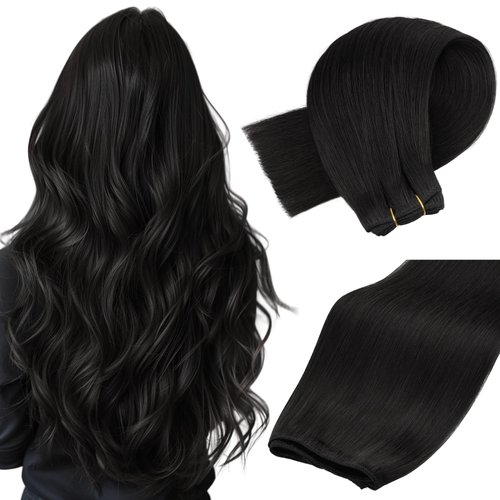 MAXITA Weft Hair Extensions Real Human Hair Remy Hair Natural Black Sew in Hair Extensions 22 Inch 110g Weft Real Human Hair Double Weft Soft Straight Human Hair Wefts