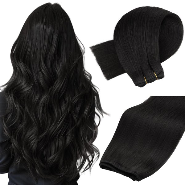 MAXITA Weft Hair Extensions Real Human Hair Remy Hair Natural Black Sew in Hair Extensions 22 Inch 110g Weft Real Human Hair Double Weft Soft Straight Human Hair Wefts