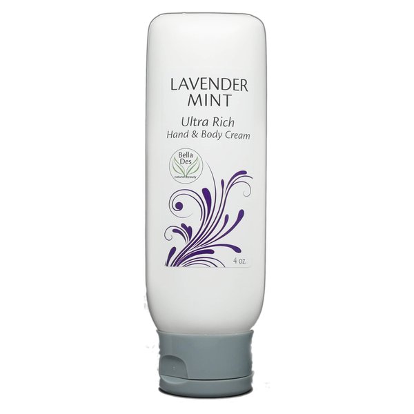 Lavender Mint Ultra Rich Hand Cream | Moisturizing Body Cream | 100% Natural Scent | Organic Coconut Oil and Kokum Butter | 4 ounce tube | by Bella Des Natural Beauty