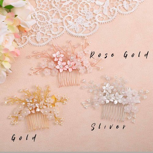 Campsis Wedding Bridal Hair Comb Bride Flower Hair Combs Pearl Bead Combs Crystal Rhinestone Combs Wedding Bride for Hair Accessories for Women and Girls (Rose gold)