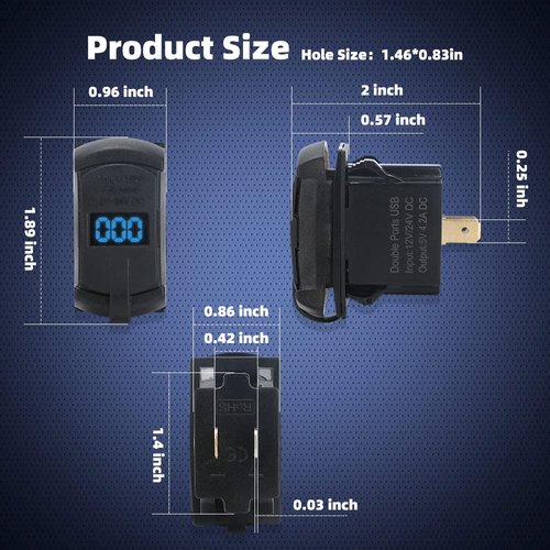 CNAODUN 4.2A USB Rocker Switch Dual USB Charger Socket with Waterproof Cover Blue Led Voltmeter for Rocker Type Marine Switch Panel On Marine Rv Vehicles…