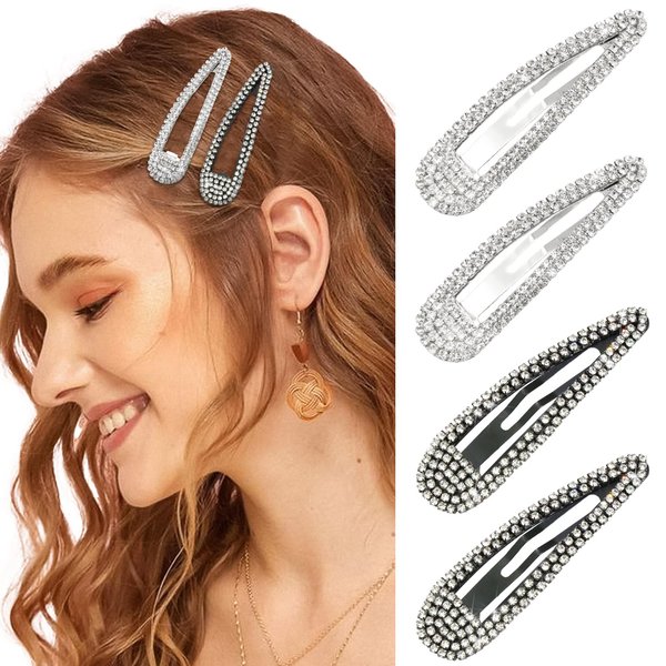 AOREAS 4Pcs Rhinestone Hair Clips Metal Snap Hairpins,Crystal Hair Barrettes Accessories for Girls Women,Bridal,Party,Wedding,Prom(2Pcs Silver+2Pcs Black)