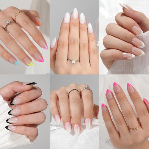6 Packs Press On Nails Almond, Misssix French Tip Press On Nails Short, Reusable Glue On Nails, Gel Fake Nails for Women, Stick On Nails Kit 15 Sizes-6 styles in total (6in1-Nails-A)