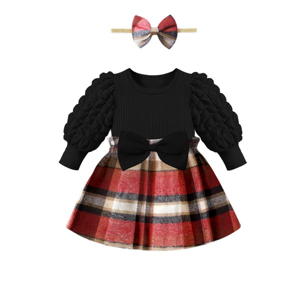 Qaoerde Baby Girl Dresses 0-3 Months Baby Girl Dress Puff Sleeve Red Plaid Dress Ribbed Baby Dresses 0-3 Months Newborn Dresses Baby Girl Fall Dress Baby Girl Winter Dress Christmas Outfit
