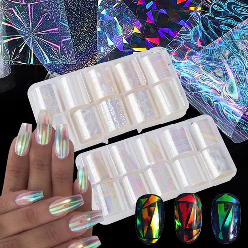 JCAKES 2 Boxes 20 Rolls Aurora Nail Foil Sheets Holographic Nail Art Foil Transfer Foil for Nails Iridescent Nail Stickers Decals Laser Nails Designs Manicure Nail Film Decorations