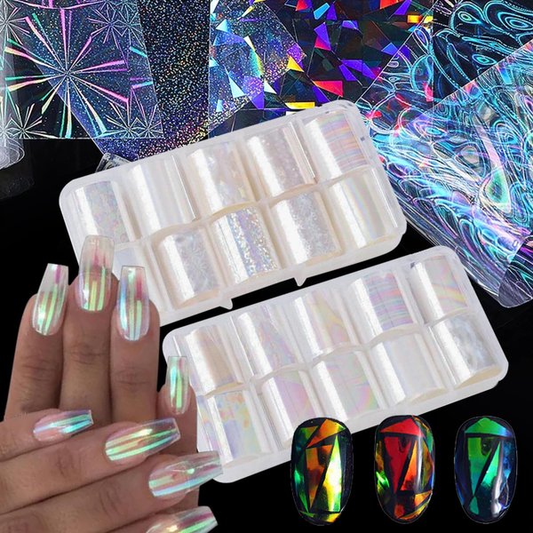 JCAKES 2 Boxes 20 Rolls Aurora Nail Foil Sheets Holographic Nail Art Foil Transfer Foil for Nails Iridescent Nail Stickers Decals Laser Nails Designs Manicure Nail Film Decorations