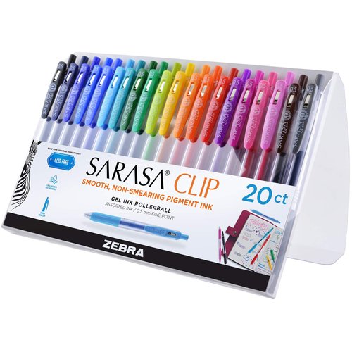 Zebra Pen Sarasa Clip Retractable Gel Pen, Fine Point, 0.5mm, Rainbow Assorted Colors, 20-Pack