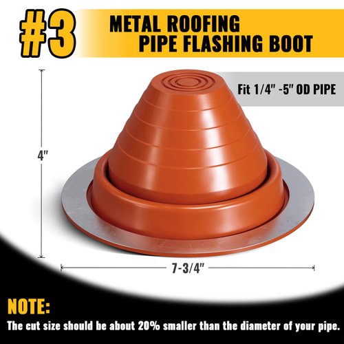 VIVIDA #3 Metal Roof Pipe Flashing Boot, Silicone Pipe Flashing Vent Boot, High Temp Flexible Roof Jack Pipe Boot for Pipe OD 1/4" to 5", Roofing Screws & Hex Socket Included, 1 Pack