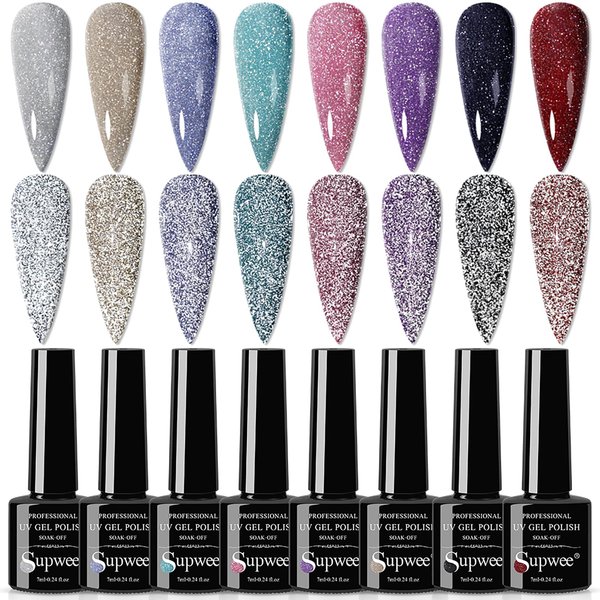 SUPWEE Reflective Gel Polish Set Diamond Glitter Gel Nail Polish Disco Shiny Nail Polish Soak Off UV Gel Manicure Nail Salon Gift Kit 8 Colors 7ml(0.24fl.oz)