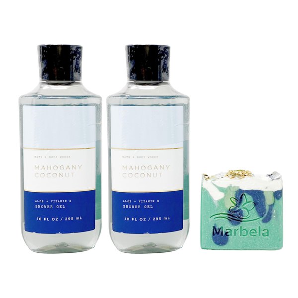 Bath & Body Works Mahogany Coconut - 2 Pack Of Shower Gel with Aloe Vera Soap., blue