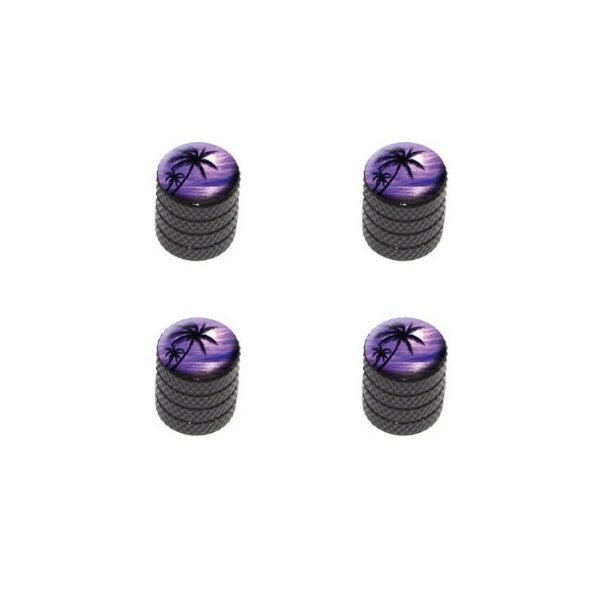 Purple Beach Sunset - Ocean Palm Tree Vacation Paradise Tire Rim Wheel Aluminum Valve Stem Caps - Black Color
