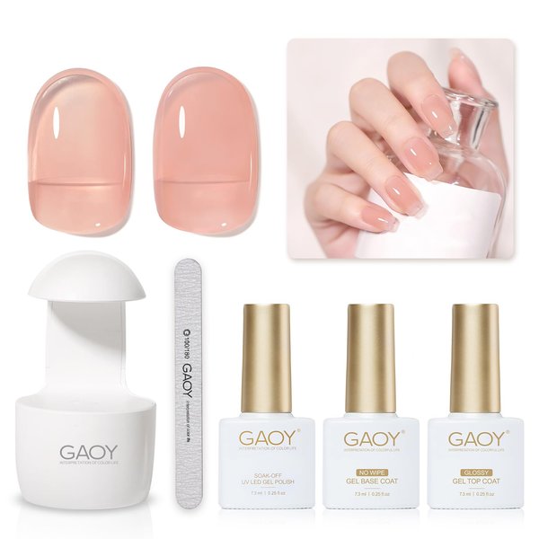 GAOY 3 Pcs Gel Nail Polish Kit with Mini UV Light, Include Natural Nude Pink Sheer Gel Polish, Base Coat and Top Coat, Gel Manicure Kit for Nail Art DIY at Home