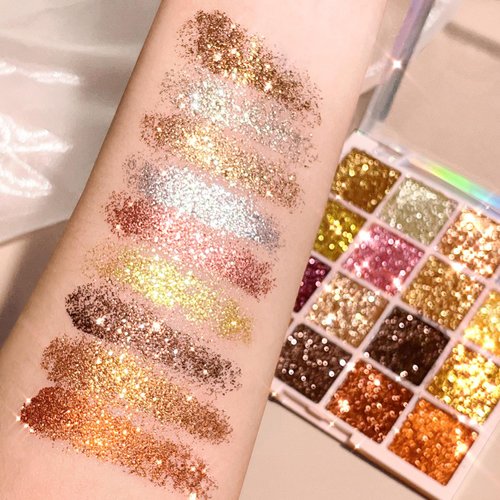 CHARMFORYOU 16 Colors Glitter Eyeshadow Palette Sparkling Sequins Eye Shadow Pressed Powder Gold Brown Eyeshadow makeup plate For Women Girls Halloween Festivals Cosplay (01)