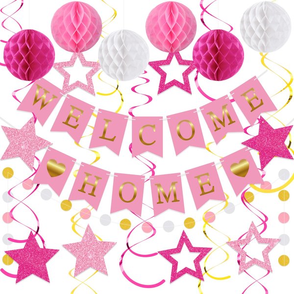 Arrowbash Welcome Home Decorations Welcome Home Banner with Glitter Stars Hanging Swirl Streamers,Honeycomb Balls,Circle Dots Garland,Welcome Home Sign for Homecoming Party Decor Supplies (Pink)