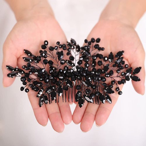 Jumwrit Wedding Hair Comb Rhinestone Bridal Hair Comb Handmade Wedding Headpiece Rhinestone Beads Hair Comb Bride Wedding Hair Accessories for Women Girls(Black)